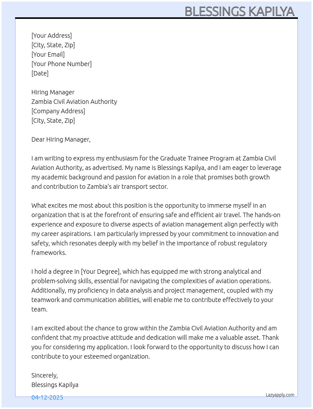 Graduate Trainee Program  At Zambia Civil Aviation Authority  Cover Letter