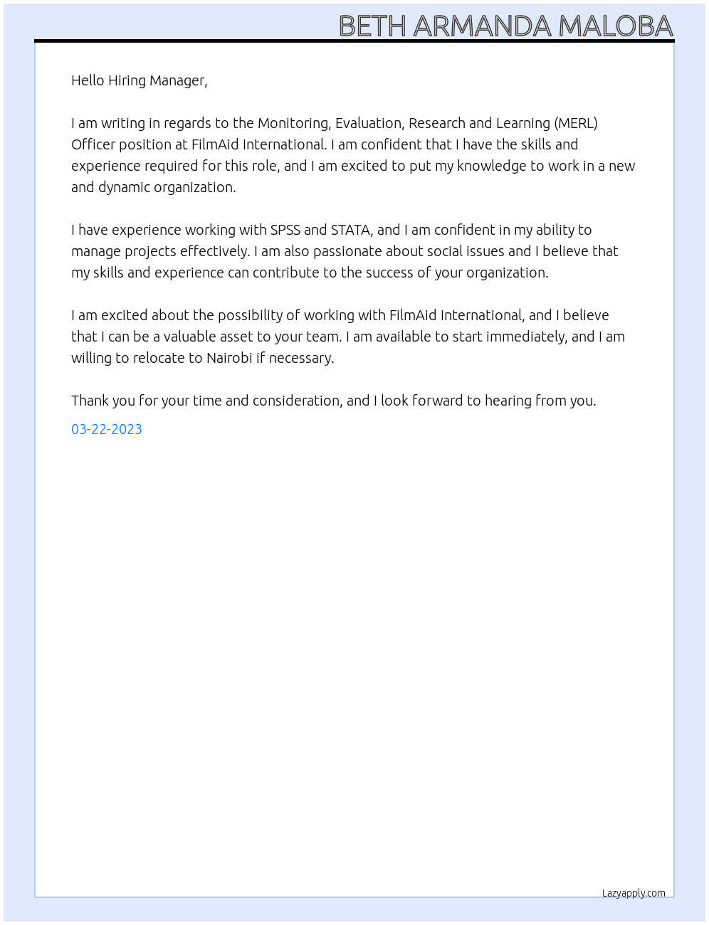 Monitoring, Evaluation, Research and Learning (MERL) Officer At FilmAid International Cover Letter