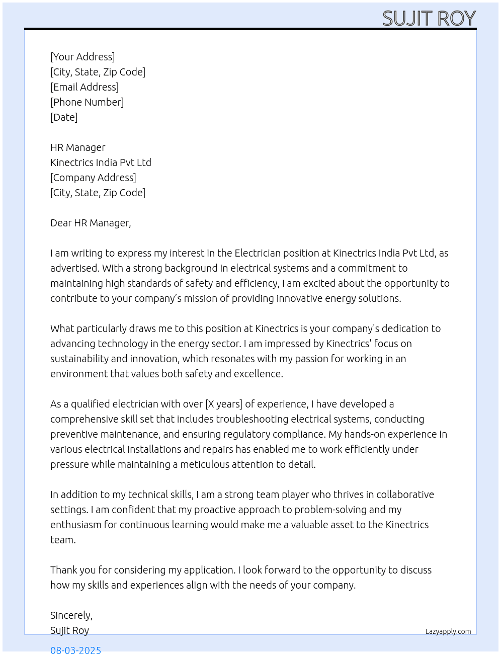 Electrician At Kinectrics india pvt Ltd Cover Letter