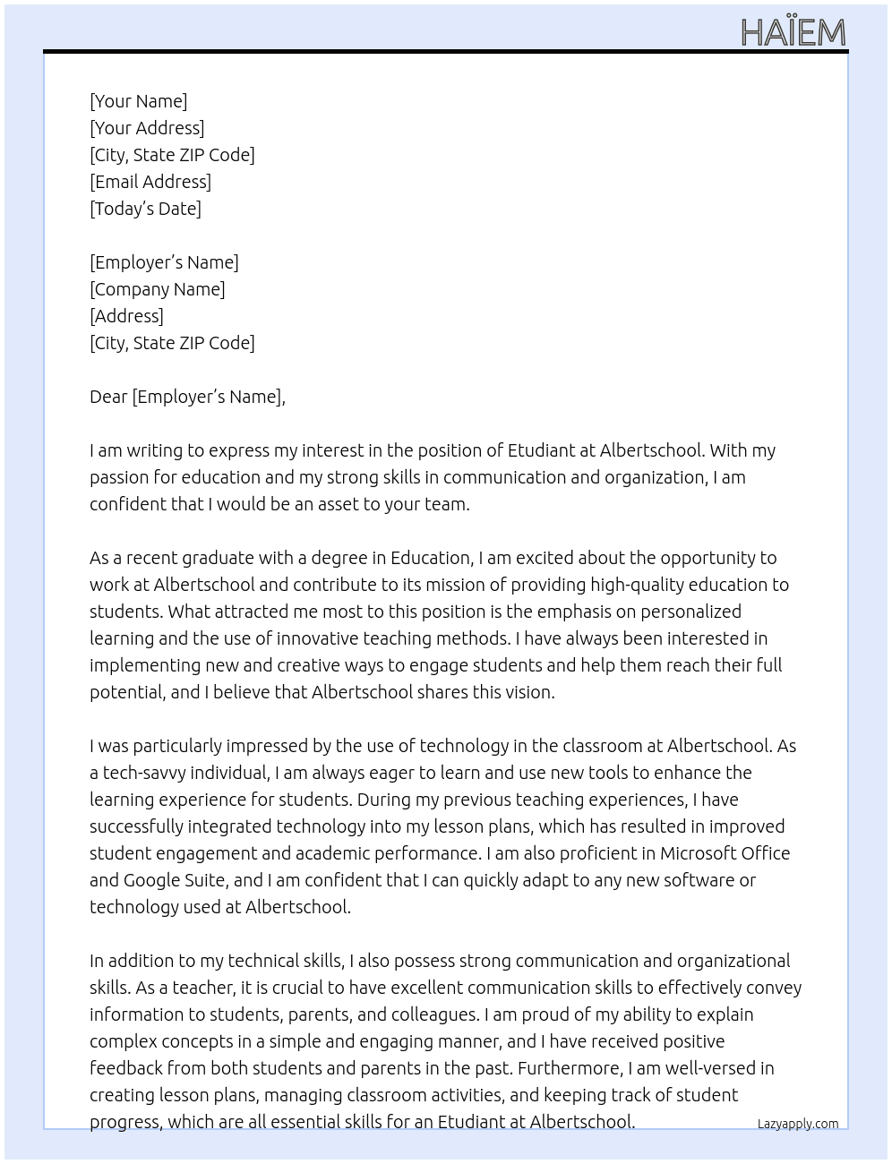 Etudiant At Albertschool Cover Letter