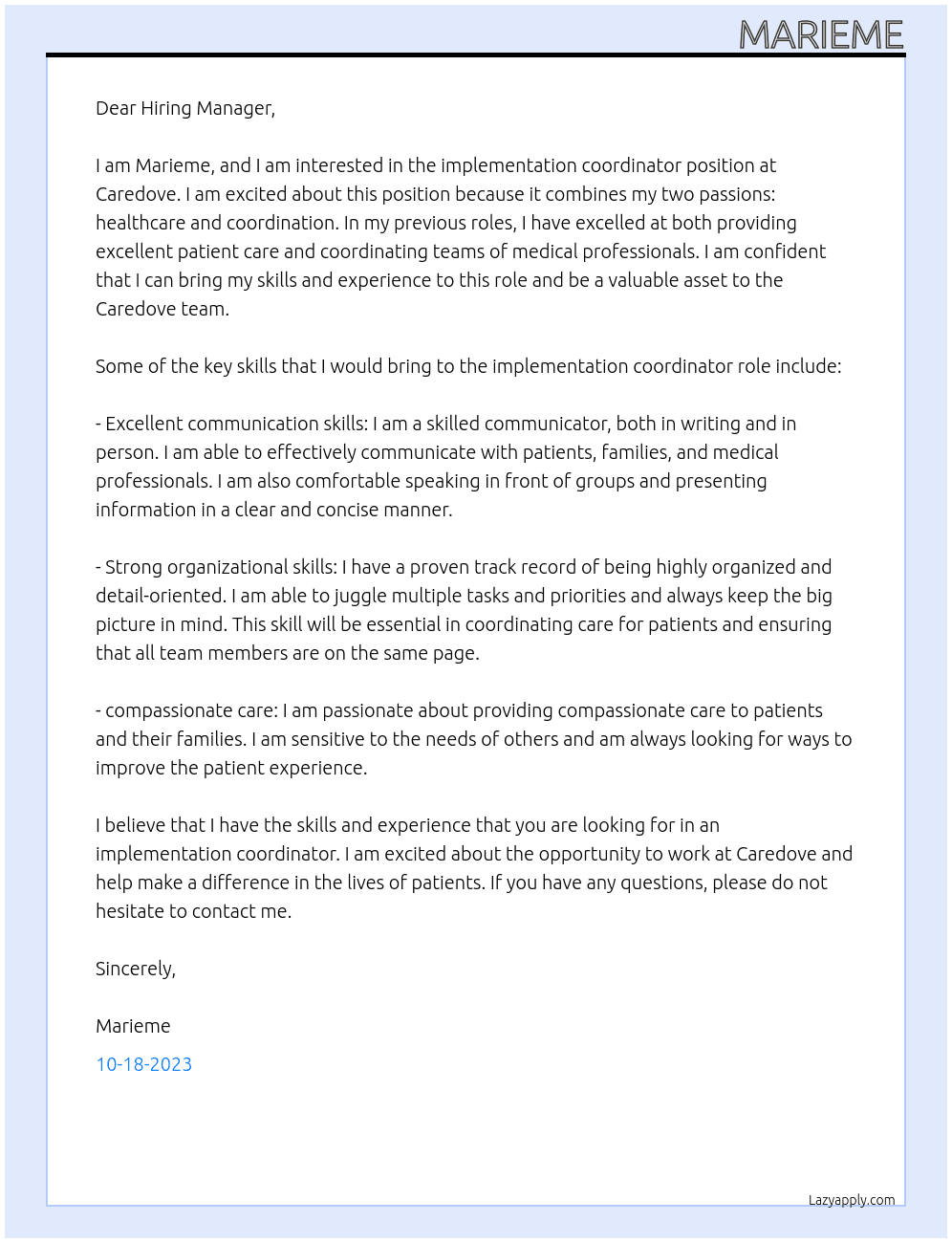 Implementation coordinator  At Caredove Cover Letter