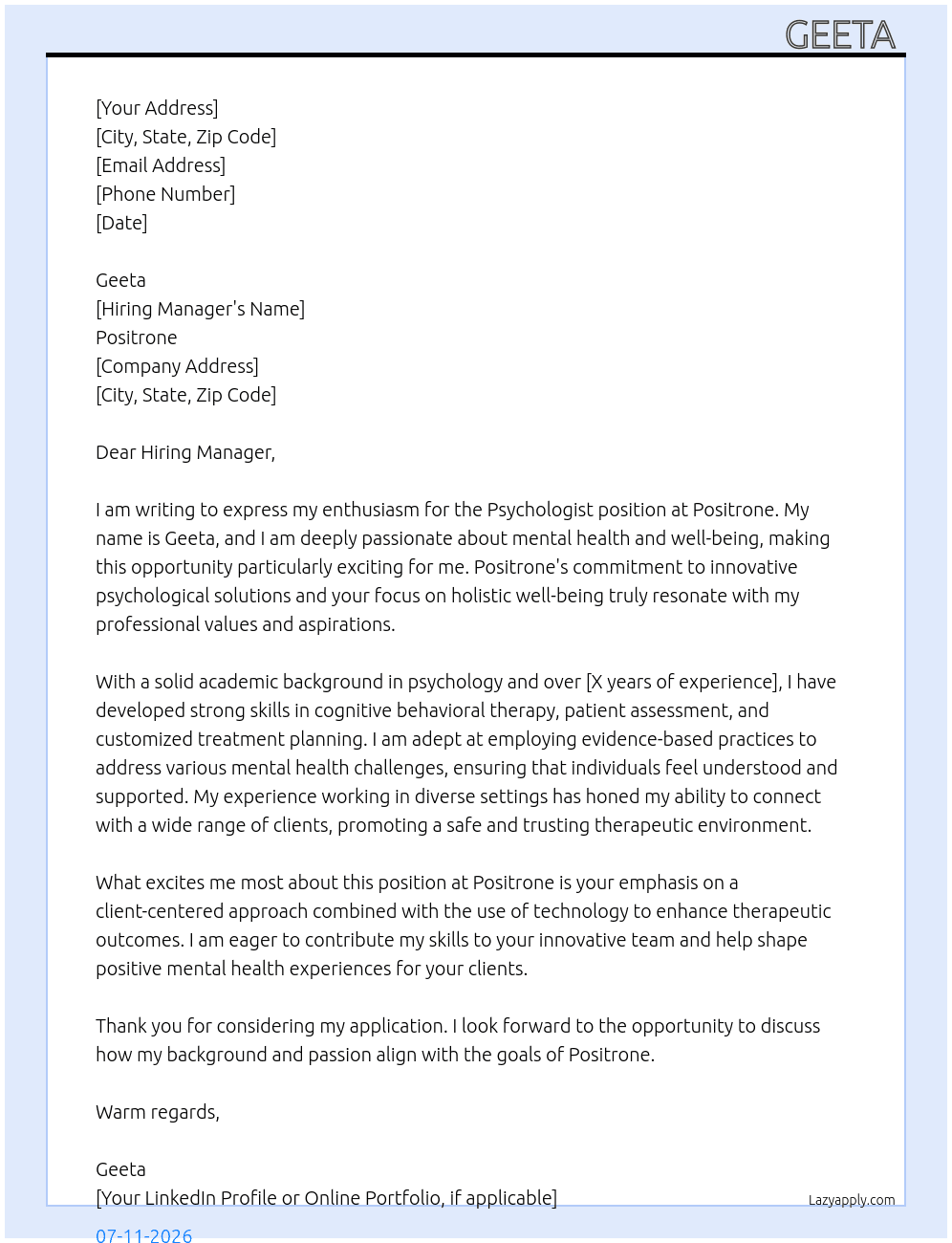 Psychologists  At Positrone Cover Letter