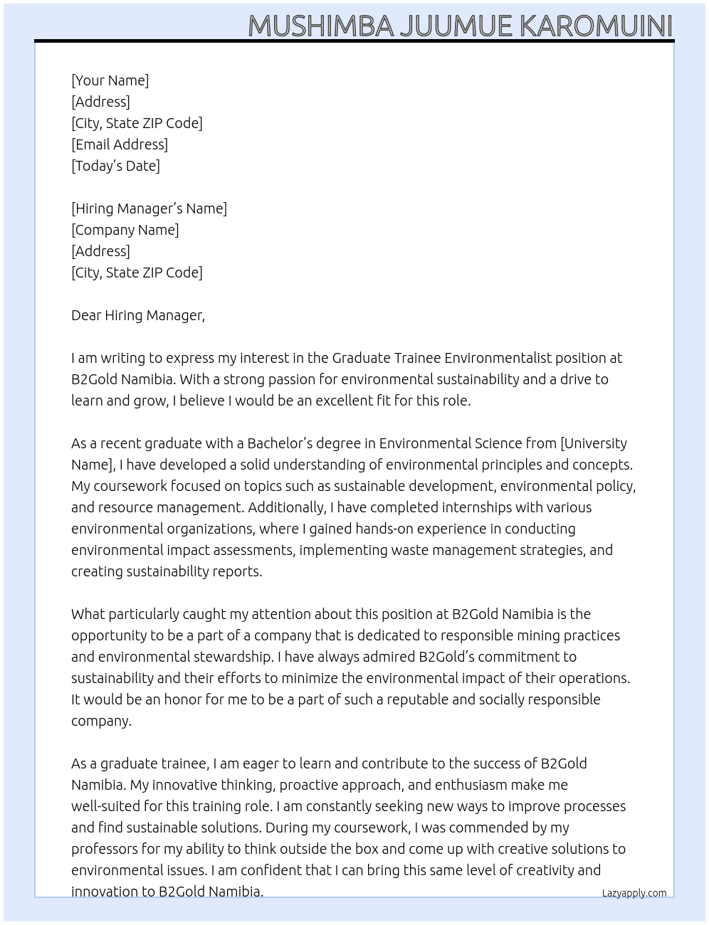 Graduate Trainee Environmentalist  At B2Gold Namibia Cover Letter