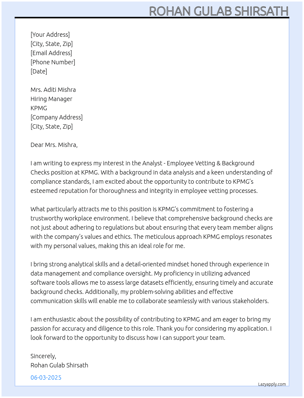 Cover letter for analyst - employee vetting & background checks - LazyApply