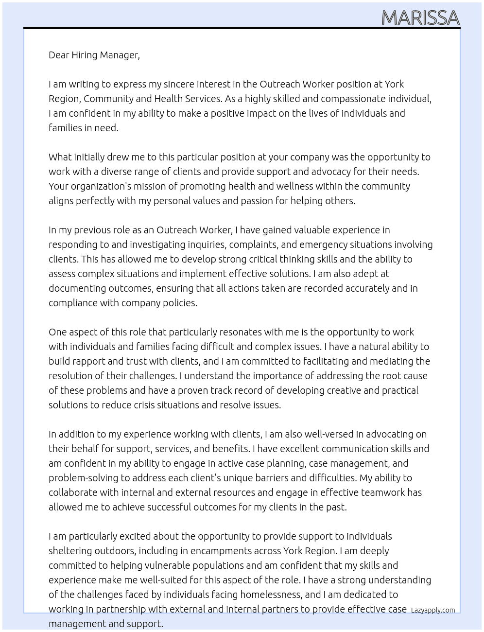 Outreach worker At York Region, Community and Health Services Cover Letter