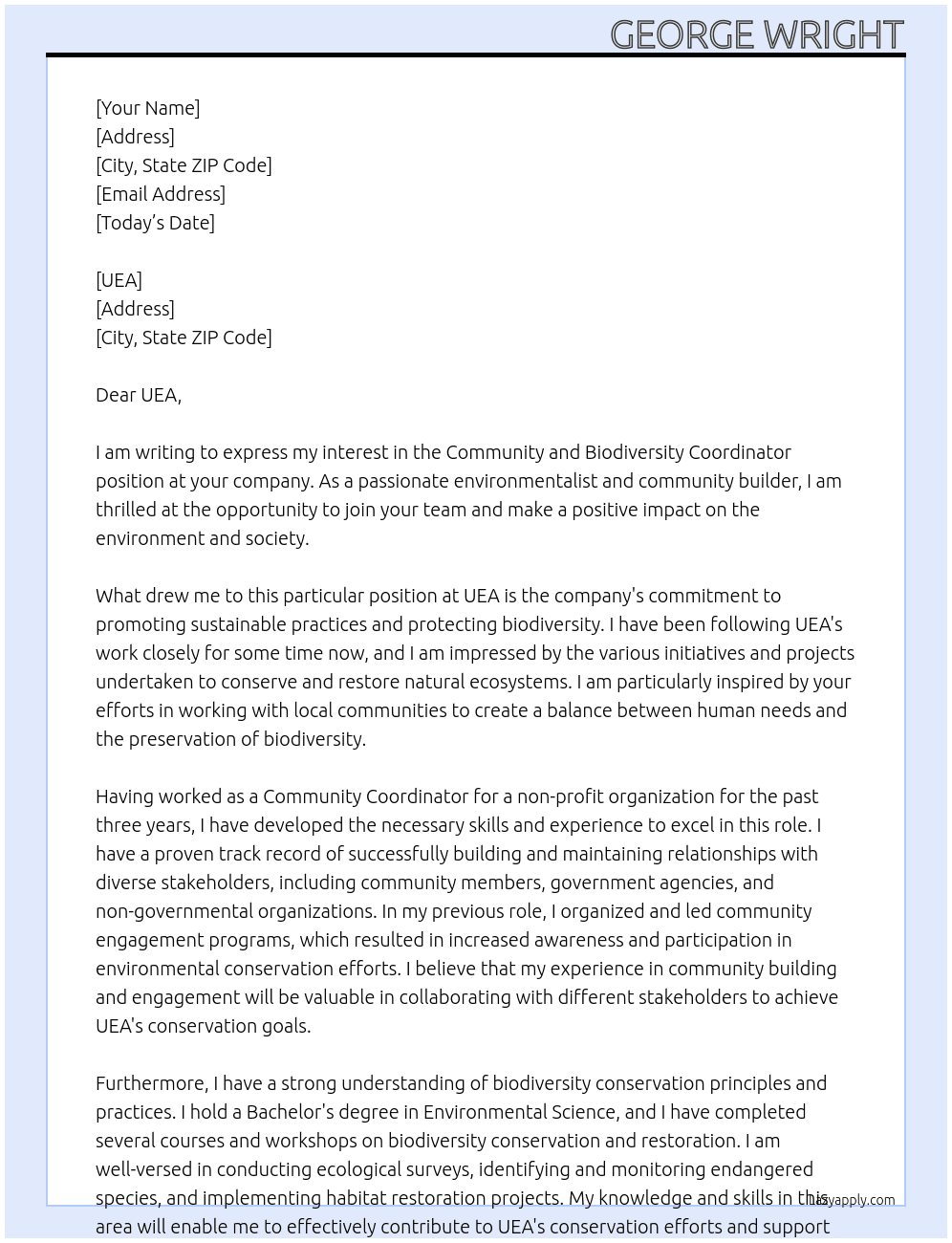 Community and biodiversity coordinator At UEA Cover Letter