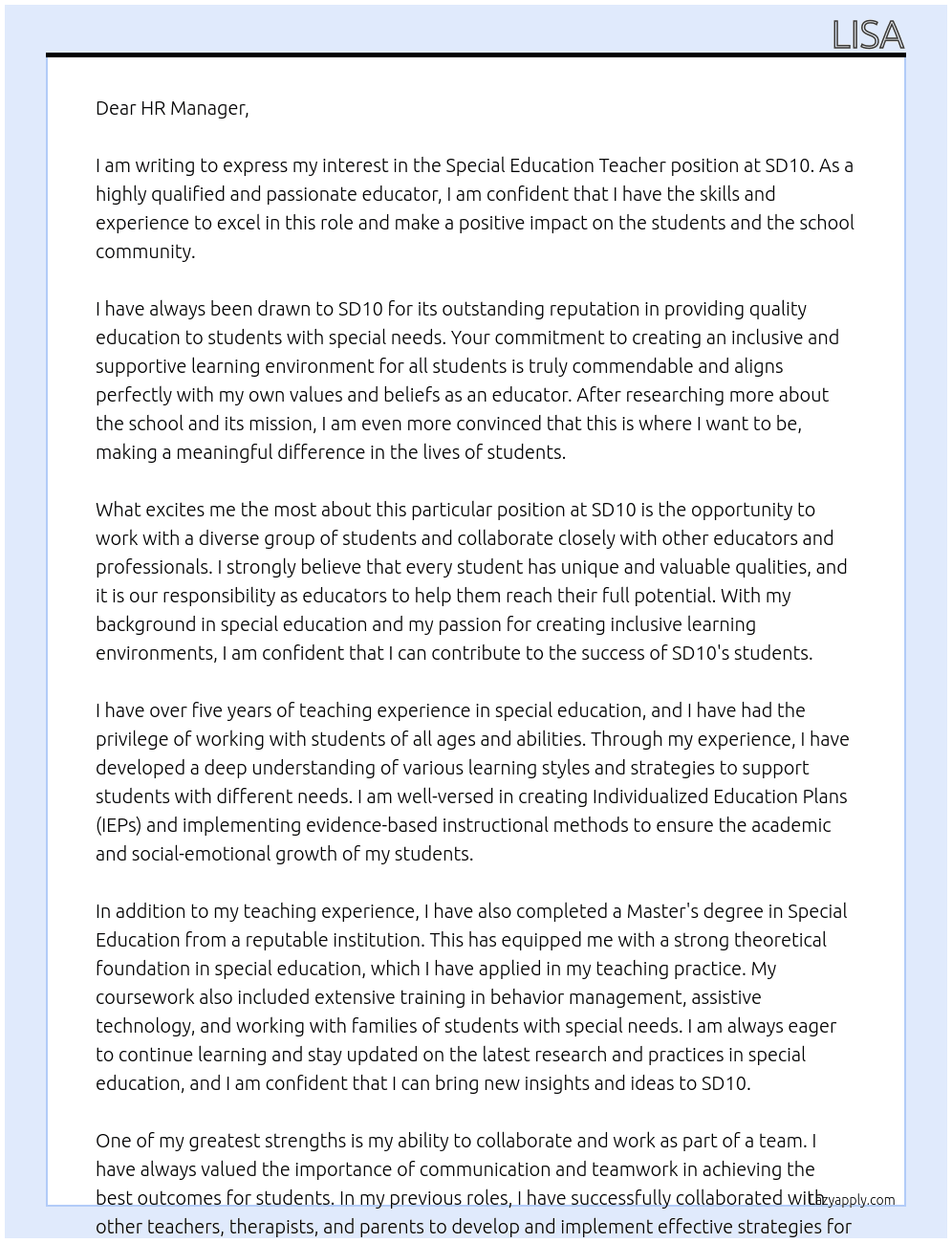 Special Ed teacher At Sd10 Cover Letter