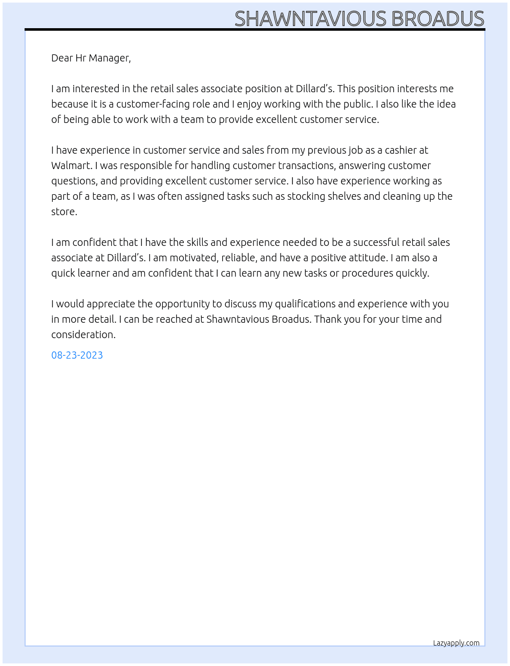 Retail sales associate  At Dillard’s Cover Letter
