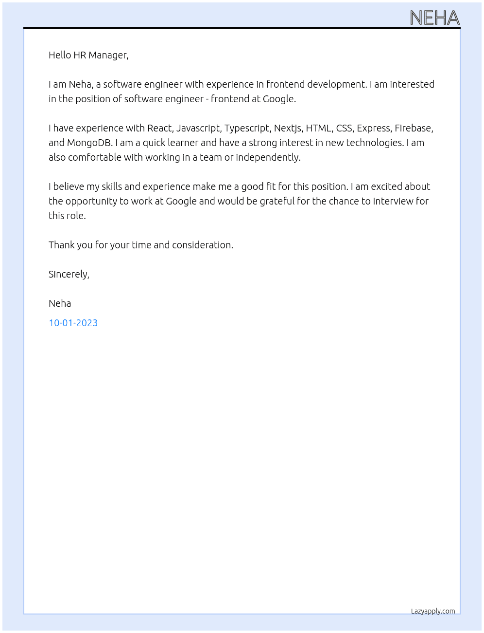 Software Engineer - Frontend  At GOOGLE Cover Letter