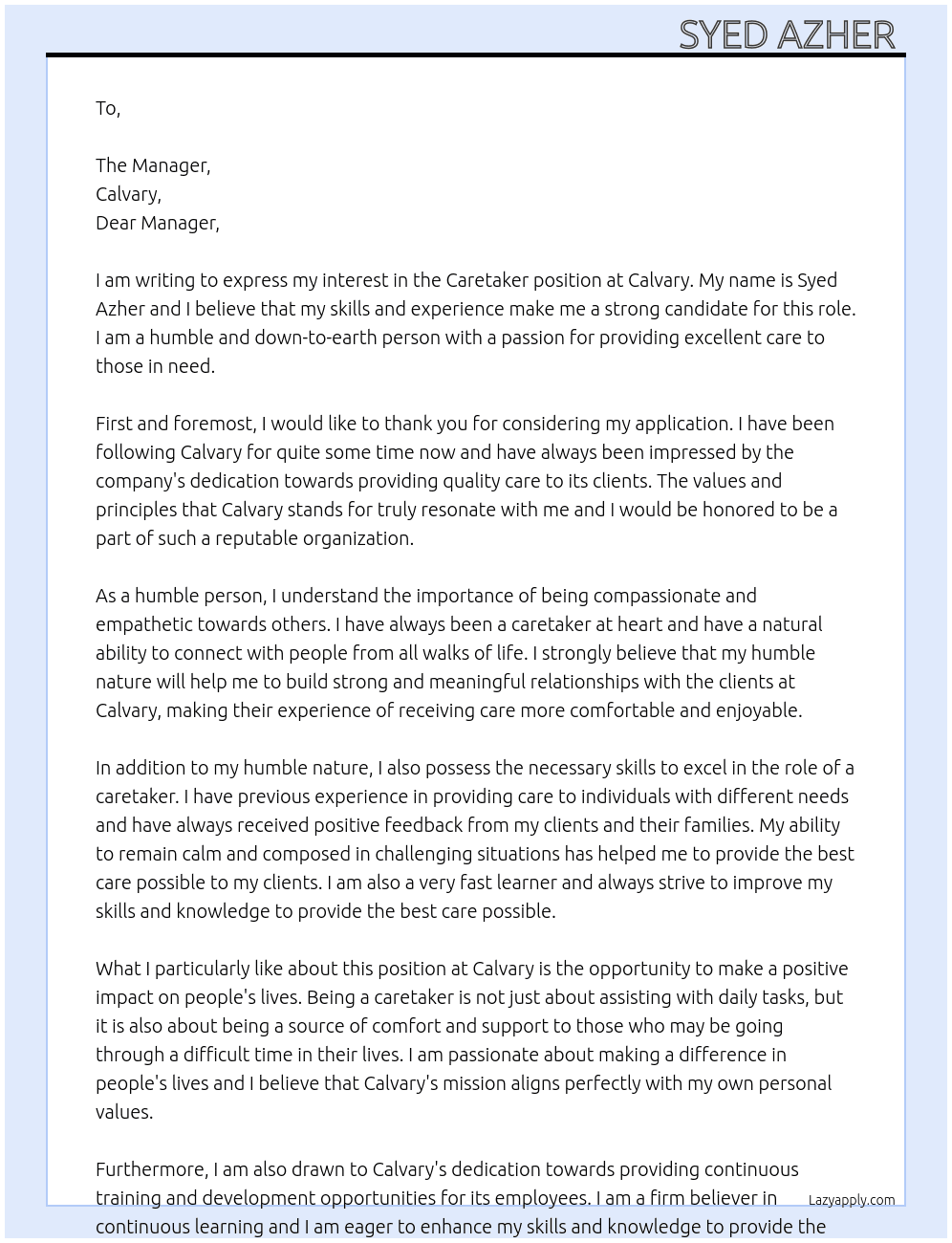 Caretaker  At Calvary Cover Letter