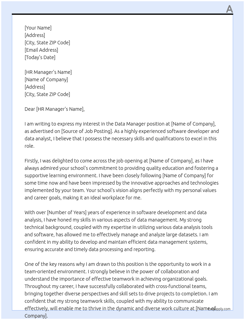 data manager At school Cover Letter