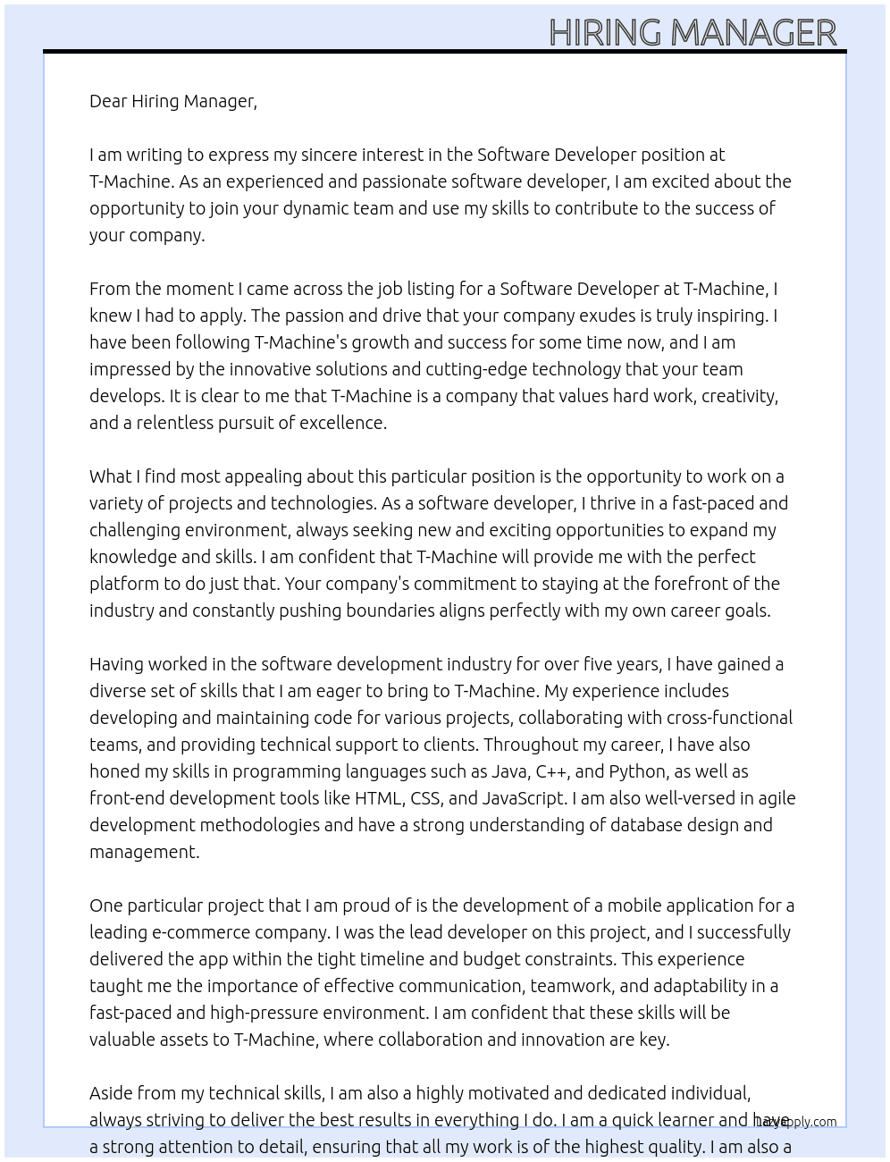Software developer  At T- Machine  Cover Letter