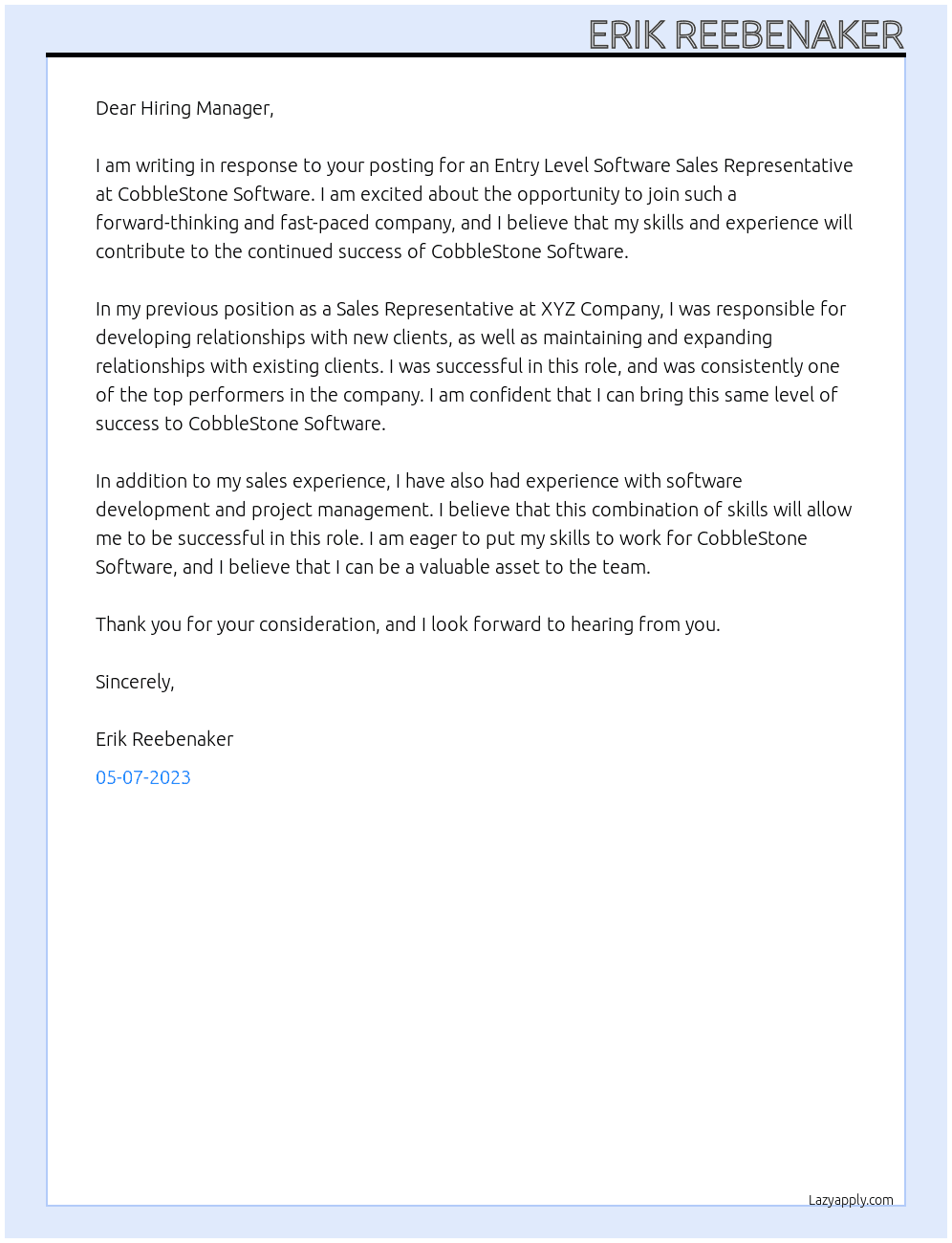 Entry Level Software Sales Representative At CobbleStone Software Cover Letter
