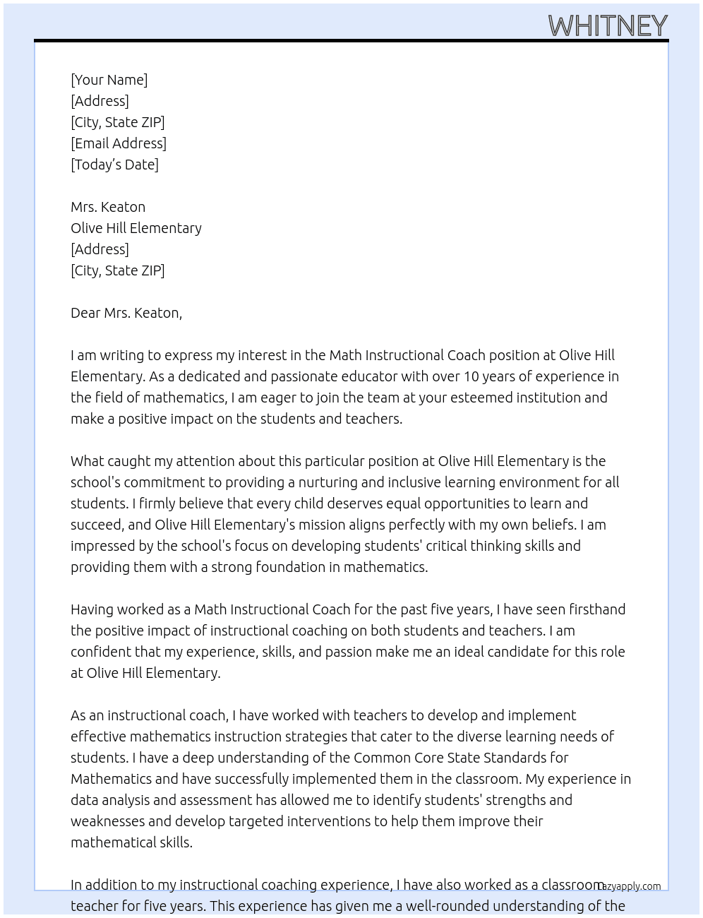 Math Instructional Coach At Olive Hill Elementary Cover Letter