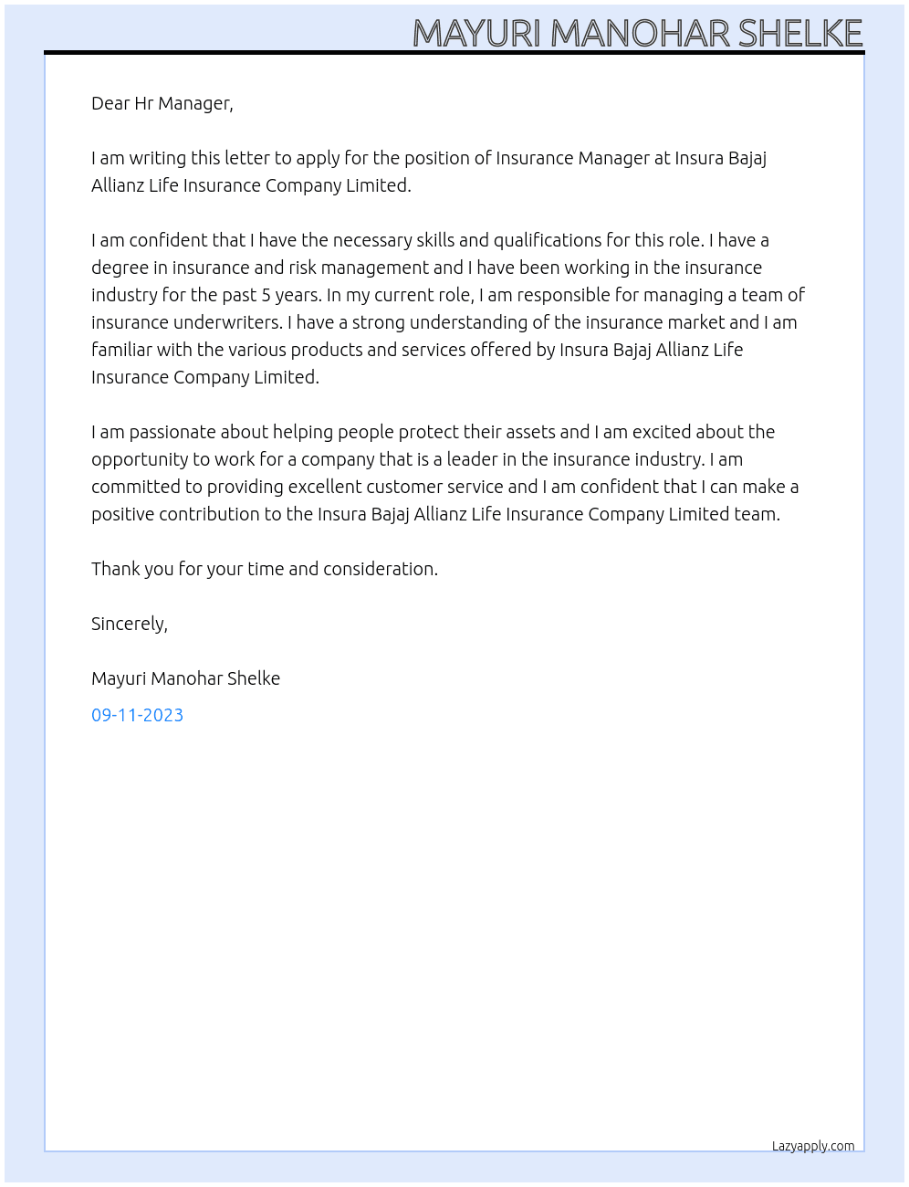 Insurance Manager  At Insura Bajaj Allianz Life Insurance Company Limited Cover Letter