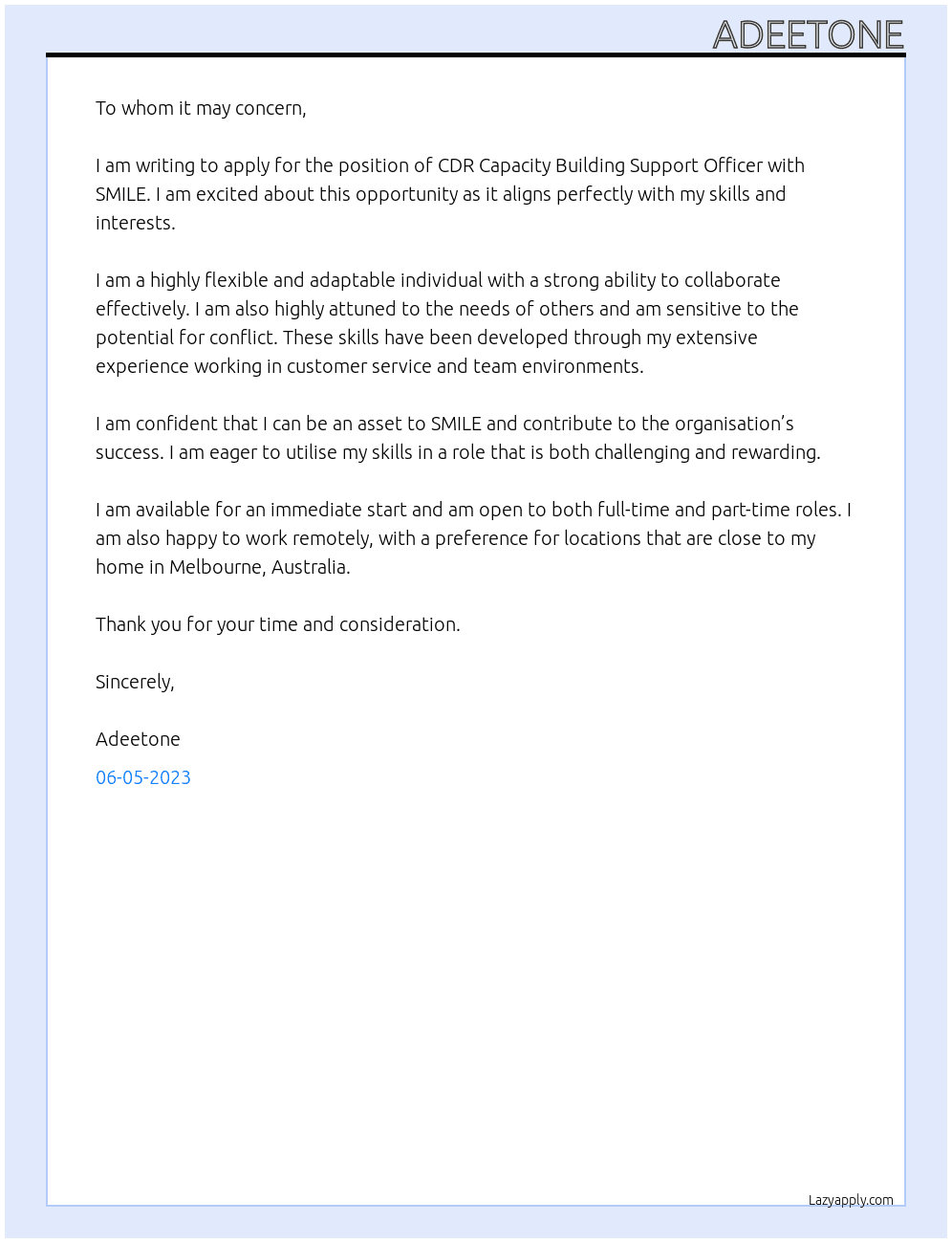 CDR Capacity Building Support Officer At SMILE Cover Letter