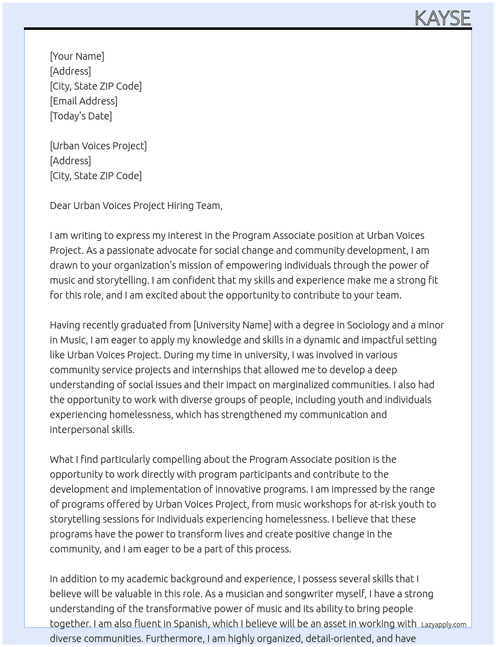 program associate At Urban Voices Project Cover Letter