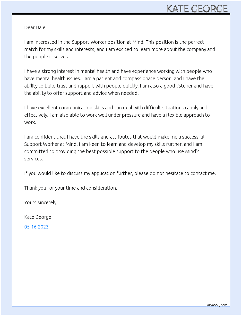Support worker  At Mind  Cover Letter