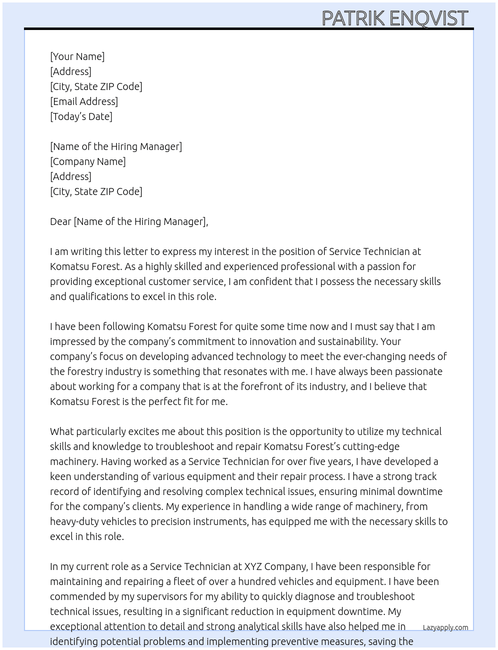 Service Techicigan At Komatsu forest Cover Letter