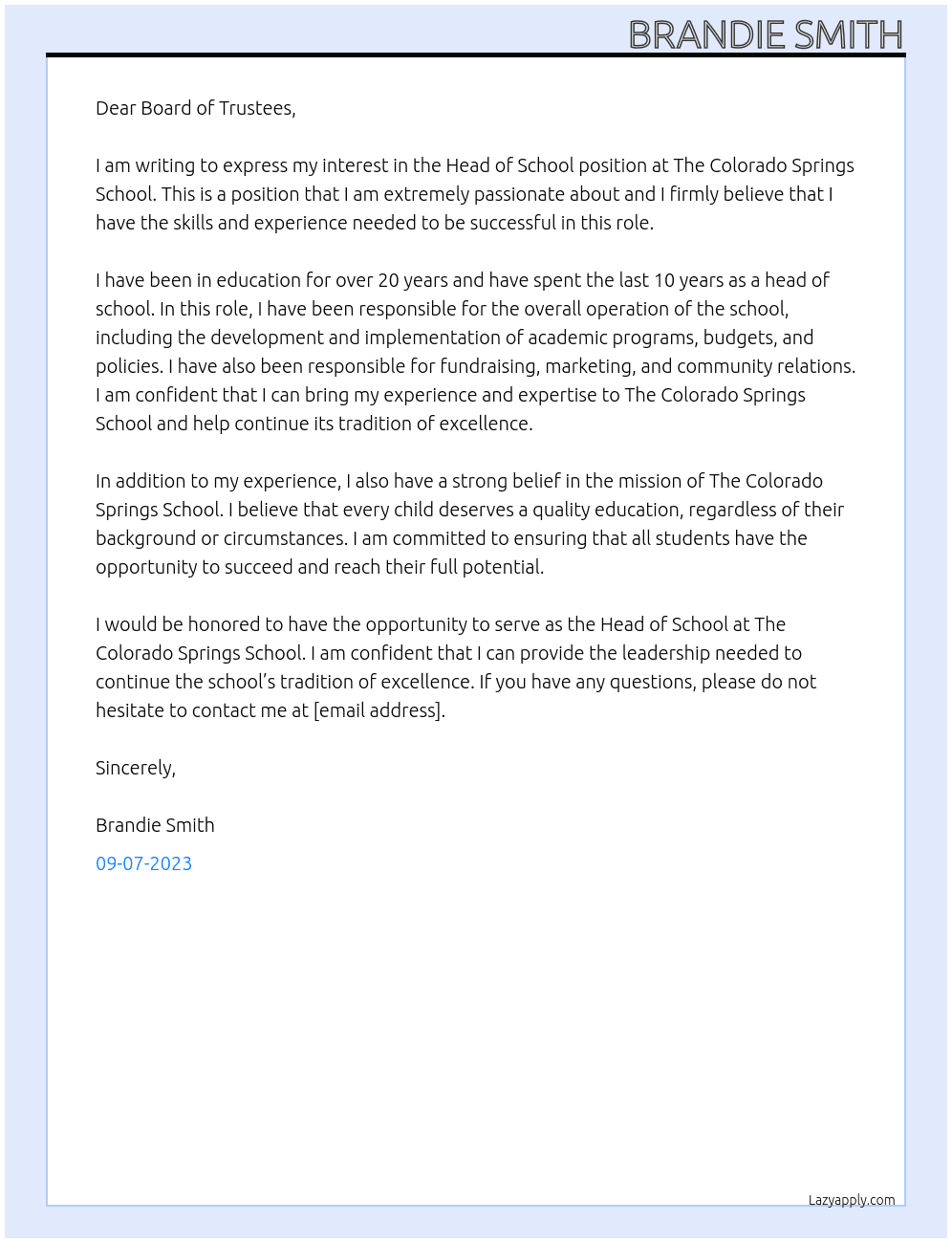 Head of School  At The Colorado Springs School Cover Letter