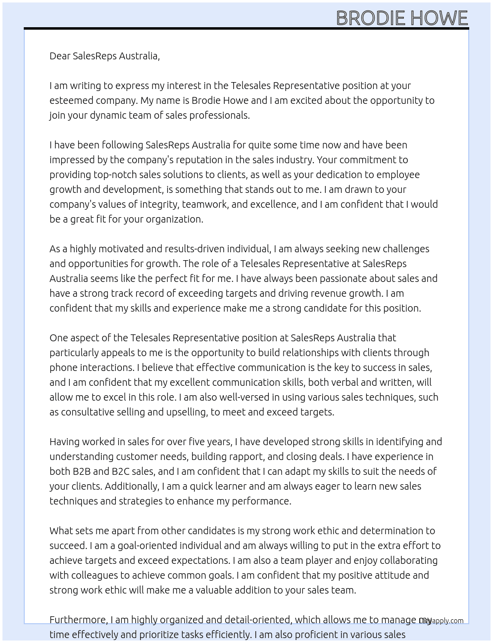 Telesales Representative At SalesReps Australia Cover Letter