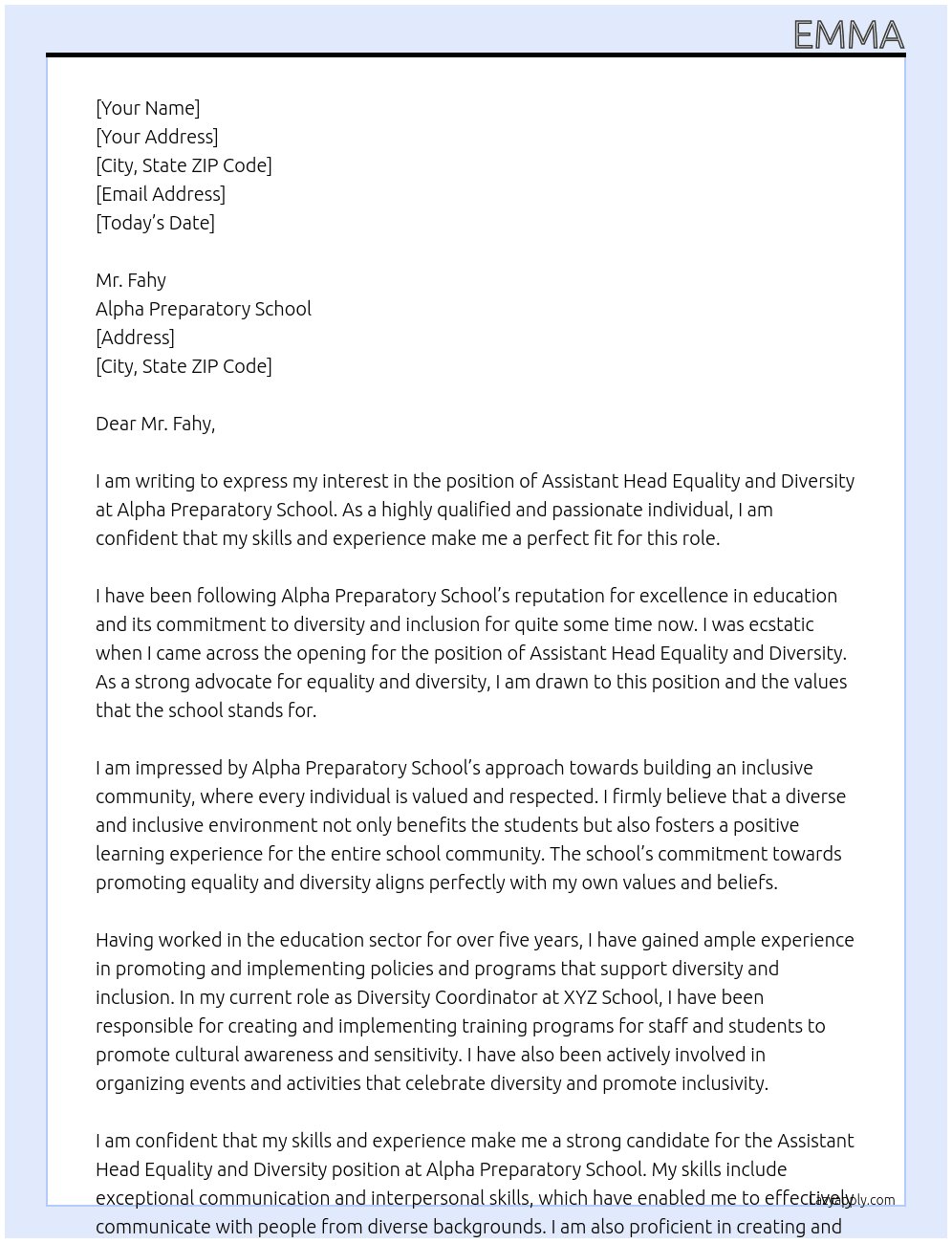 Assistant Head Equality and Diversity At Alpha Preparatory Schooll Cover Letter