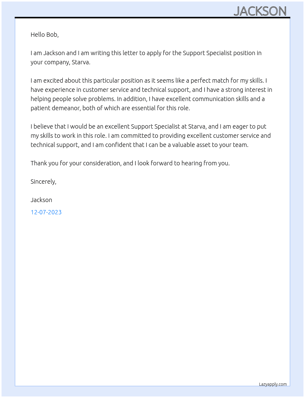 Support Specialist At Starva Cover Letter
