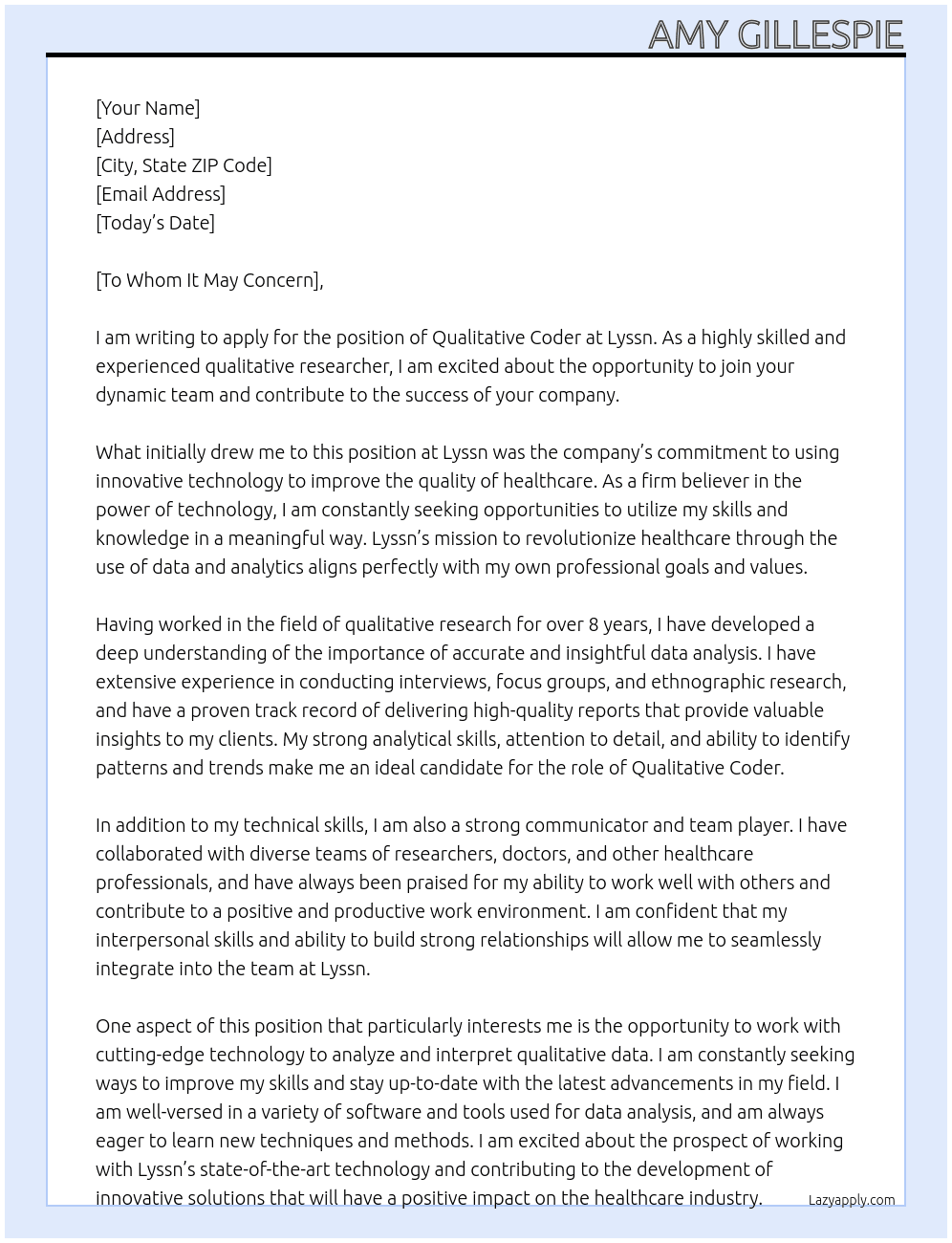 Qualitative Coder At Lyssn Cover Letter
