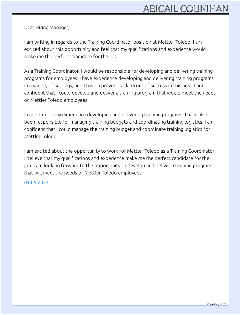 Training Coordinator At Mettler Toledo Cover Letter