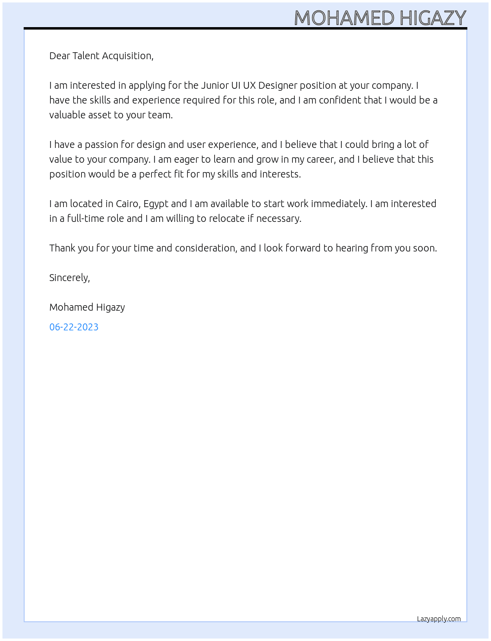 Junior UI UX Designer  At Any one  Cover Letter