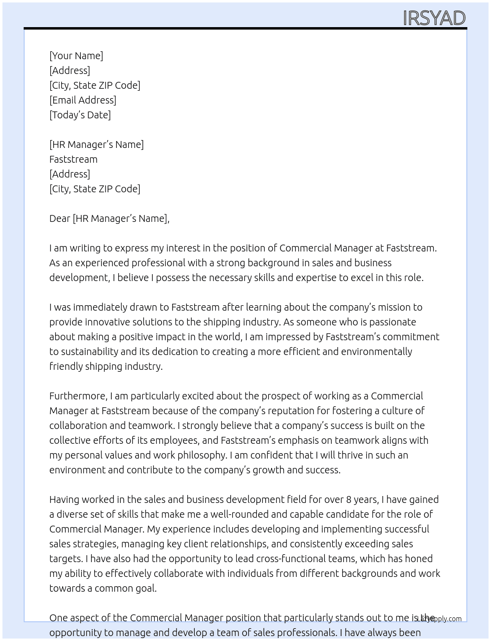 commercial manager At Faststream Cover Letter