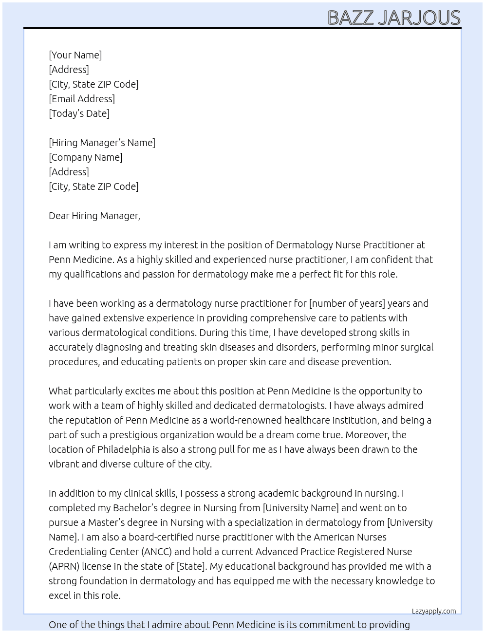 Dermatology Nurse Practitioner At Penn Medicine Cover Letter