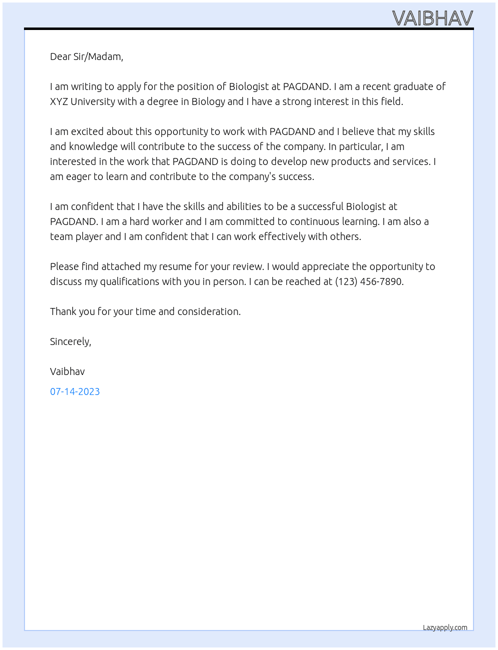 Biologist At PAGDAND Cover Letter