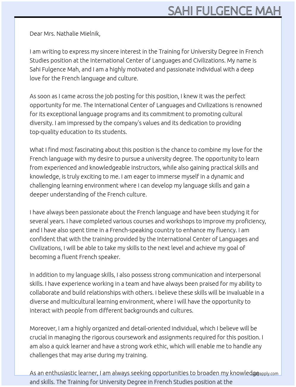 Training for University Degree in French Studies  At International Center of Languages and Civilizations Cover Letter
