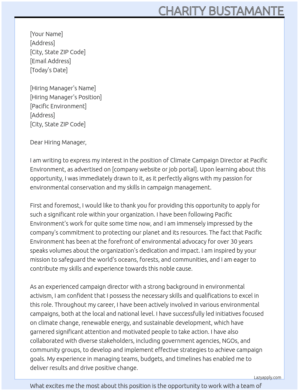 Climate Campaign Director At Pacific Environment  Cover Letter