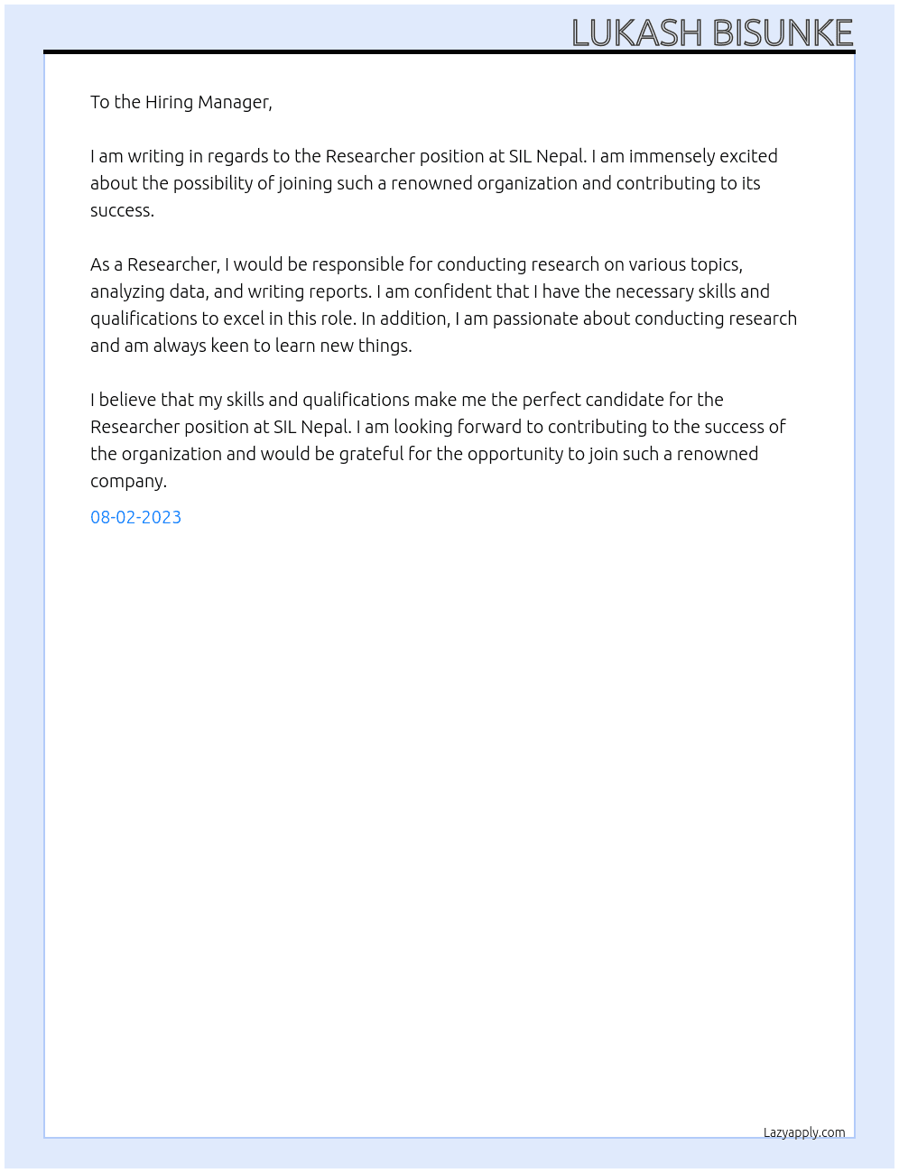 Researcher  At SIL Nepal Cover Letter