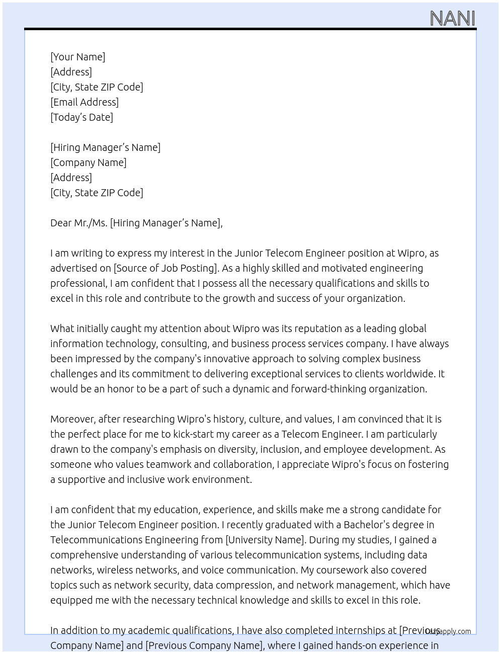 Cover letter for junior telecom engineer - LazyApply