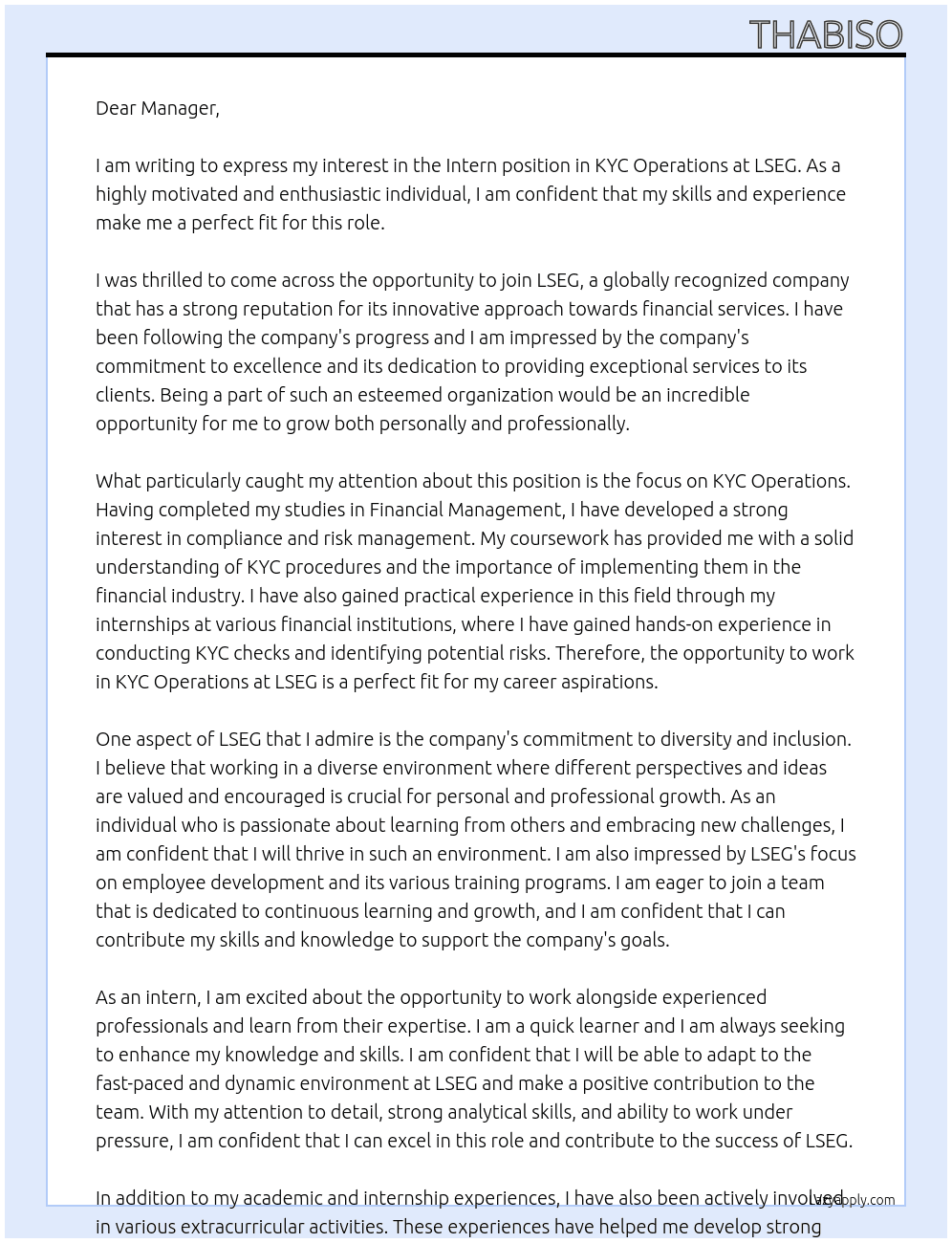 Intern, KYC Operations At LSEG Cover Letter