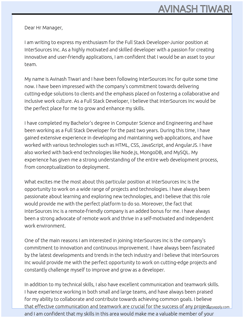 Full Stack Developer-Junior At InterSources Inc Cover Letter