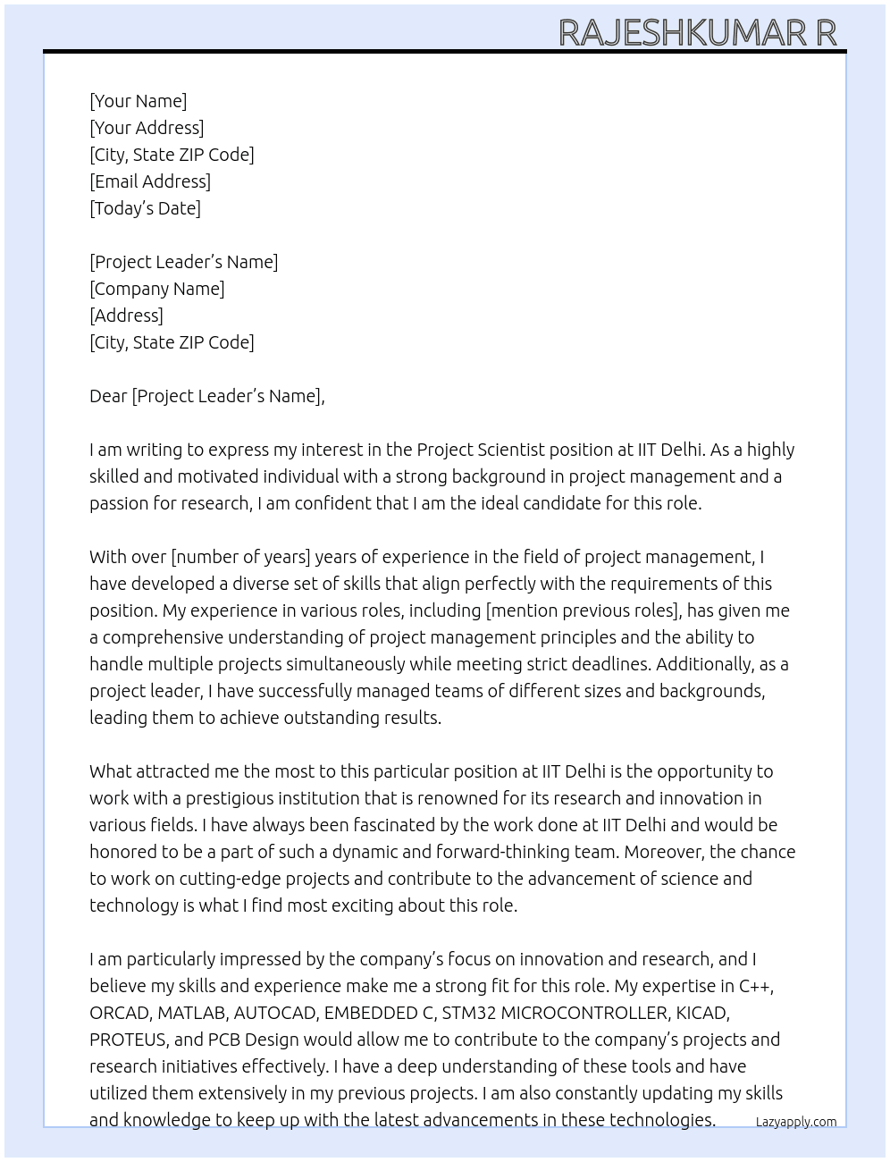Project Scientist At IIT Delhi  Cover Letter