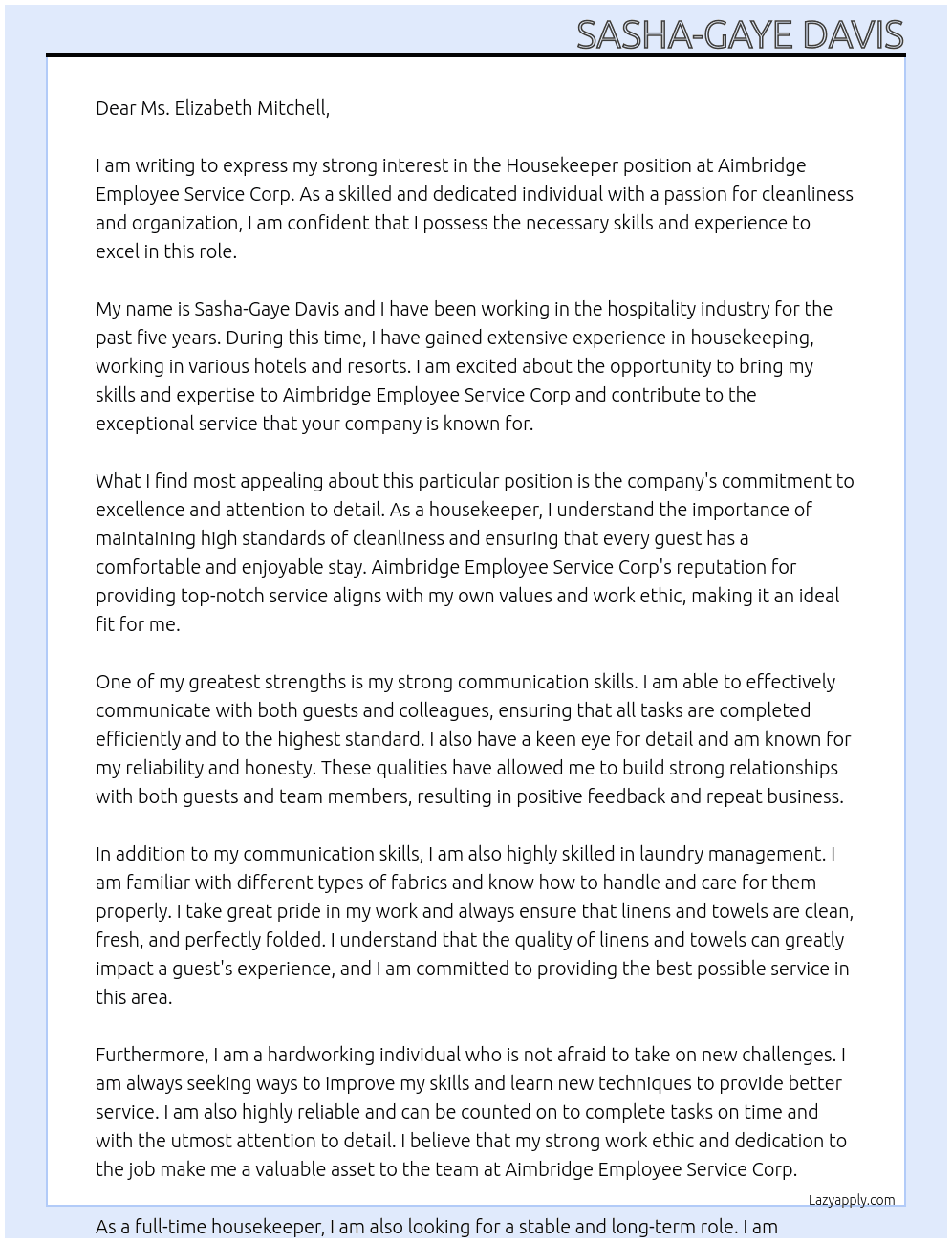 non professional experience Housekeeper At Aimbridge Employee Service Corp Cover Letter