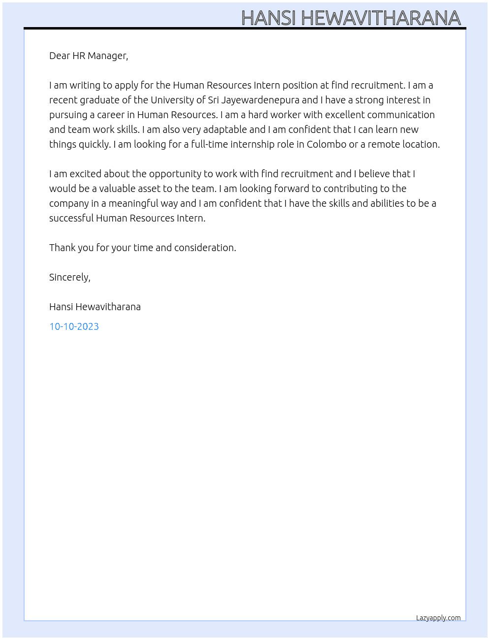 Human Resources Intern At find recruitment Cover Letter