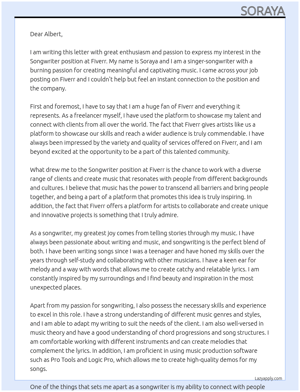 song writer At fiverr Cover Letter