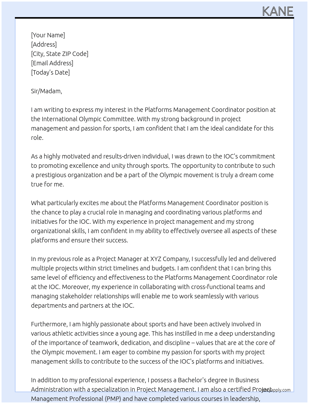 Platforms Management Coordinator At International Olympic Committee Cover Letter