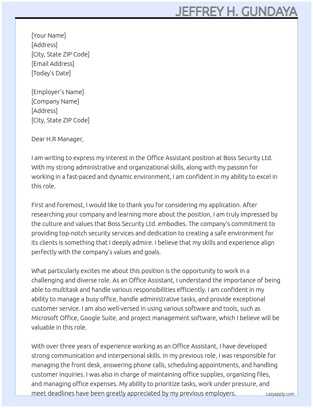 Office Assistant  At Boss Security Ltd. Cover Letter