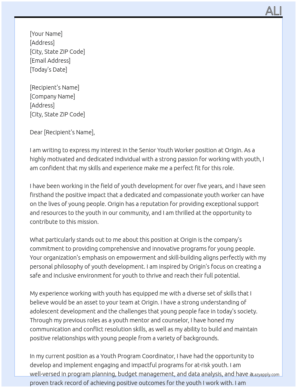 Senior Youth worker At Origin Cover Letter