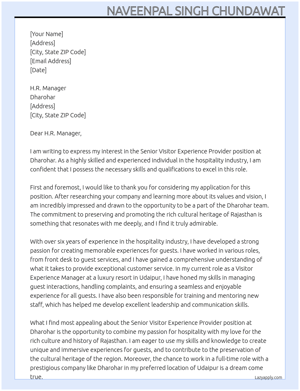 Senior visitor experience provider At Dharohar Cover Letter