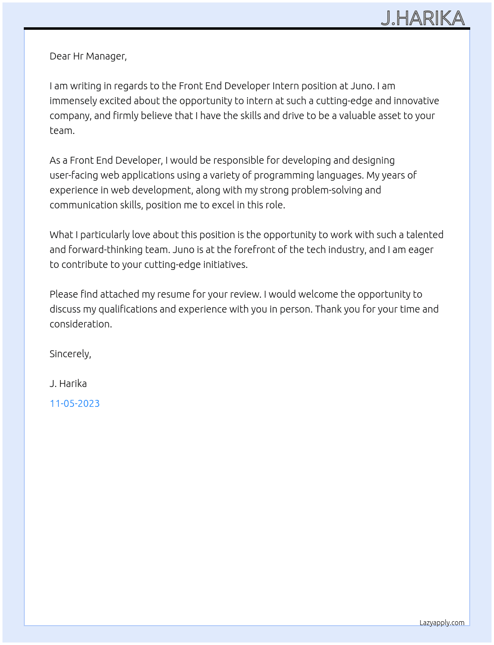 Front End Developer Intern At Juno  Cover Letter
