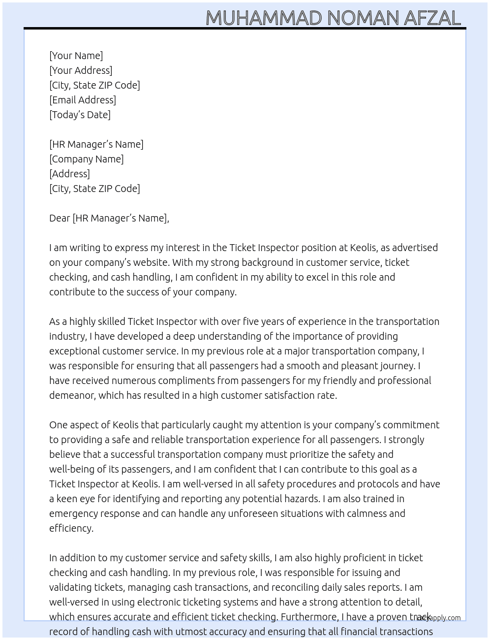 Ticket Inspector  At Keolis  Cover Letter