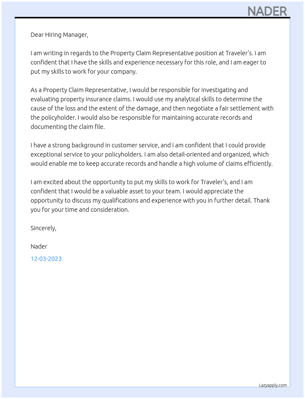 Property Claim Representative At Traveler's Cover Letter